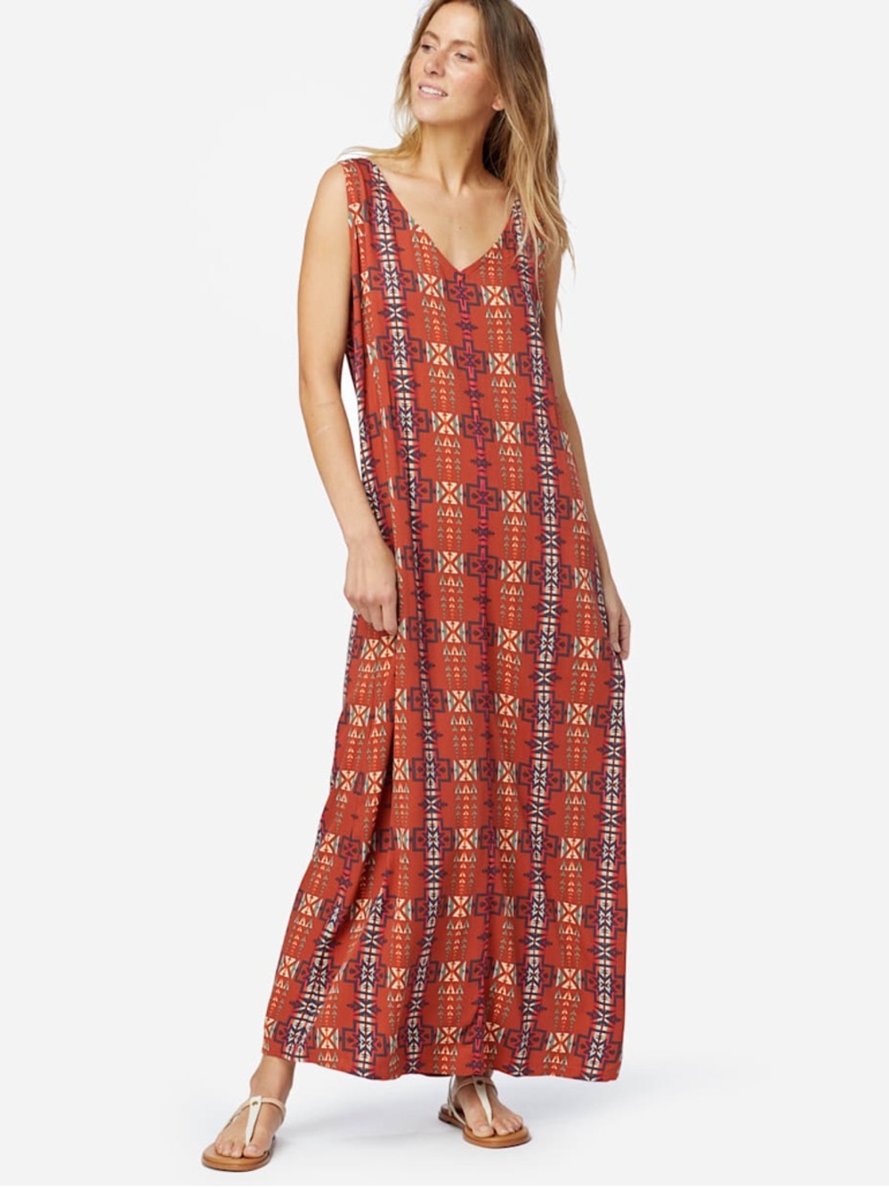 Pendleton Aztec Southwest Red Ochre Maxi Dress‎ Women Size XL Rayon Pockets